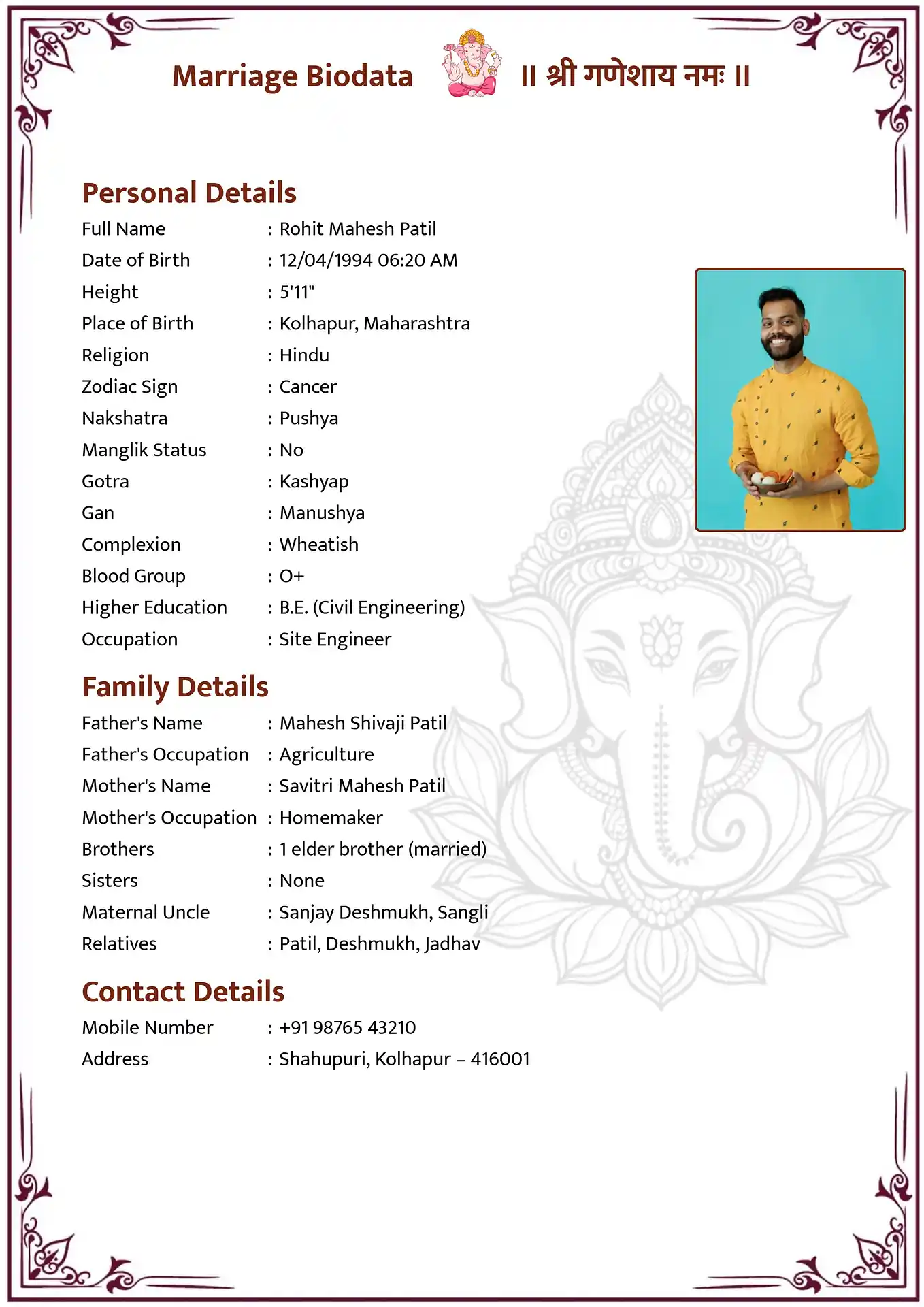 Abstract Ganesha biodata for marriage template