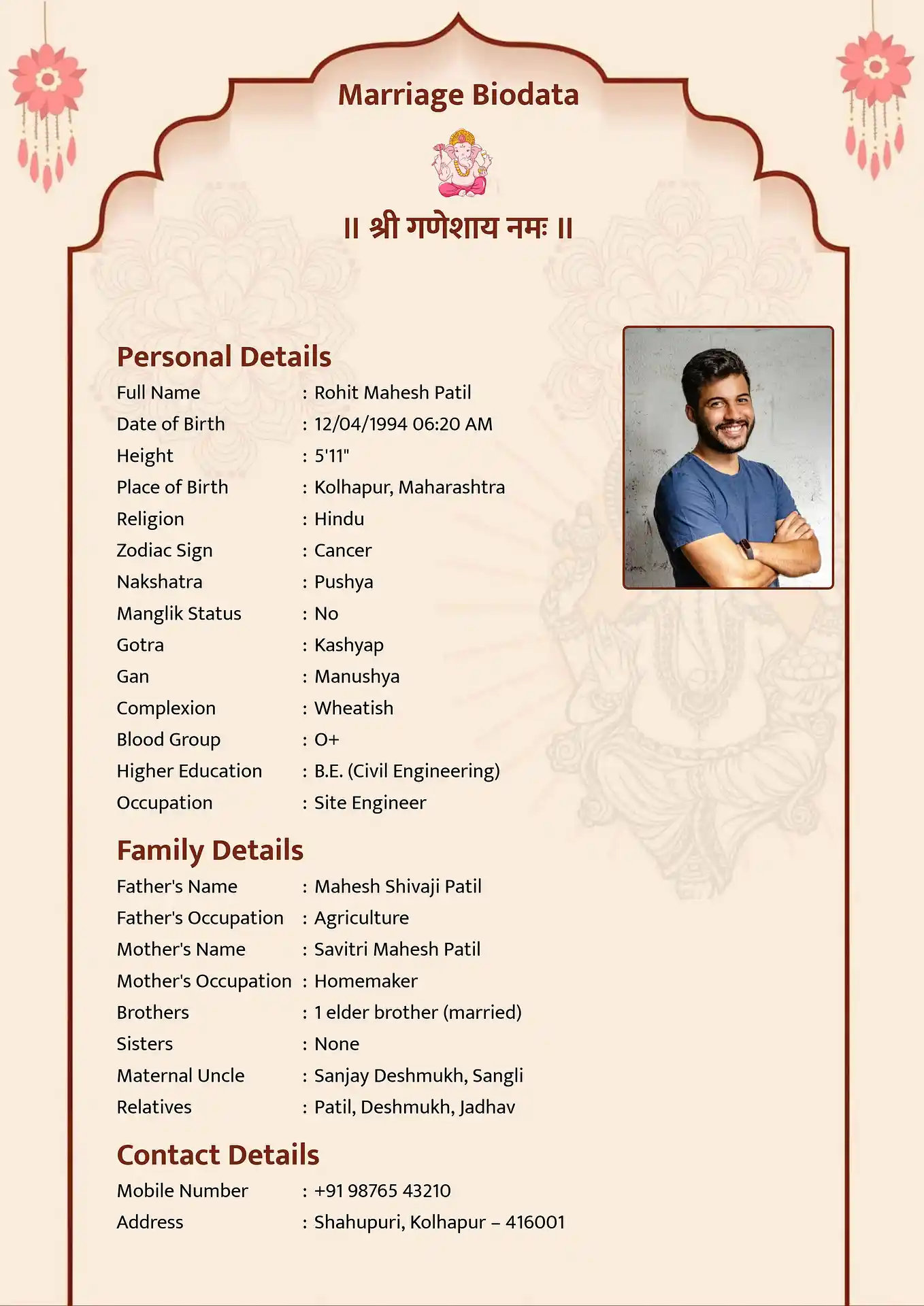 Abstract Temple biodata for marriage template
