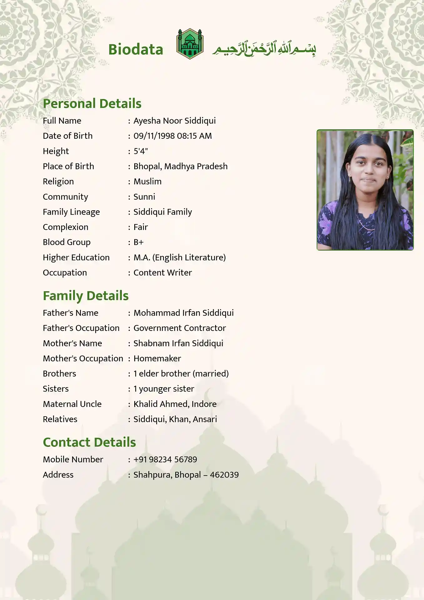 Green 1 biodata for marriage template
